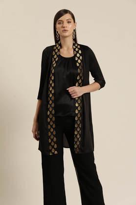 solid v-neck silk women's festive wear shrug - black