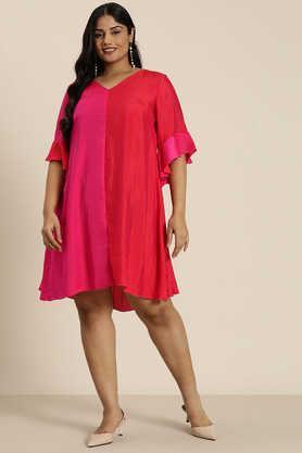 solid v-neck silk women's knee length dress - pink
