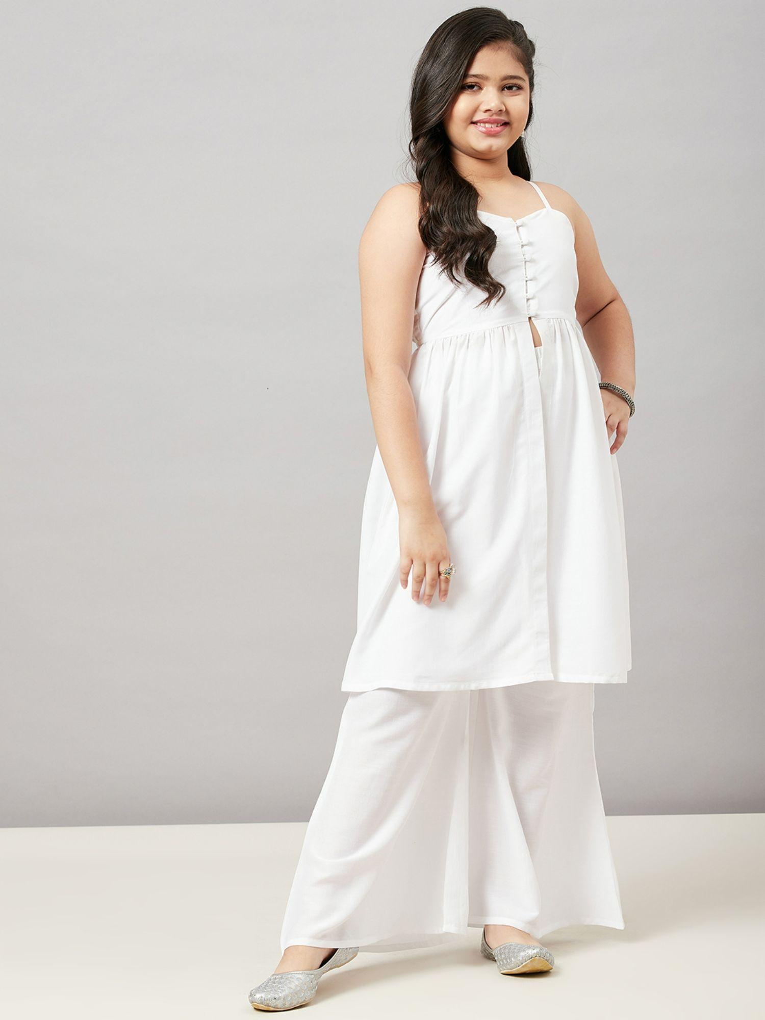 solid v neck sleeveless full length layered ethnic wear kurti set -off-white