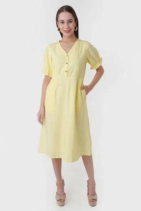 solid v neck viscose blend women's midi dress - yellow