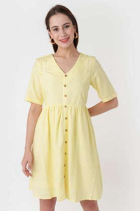 solid v neck viscose blend women's mini dress - yellow