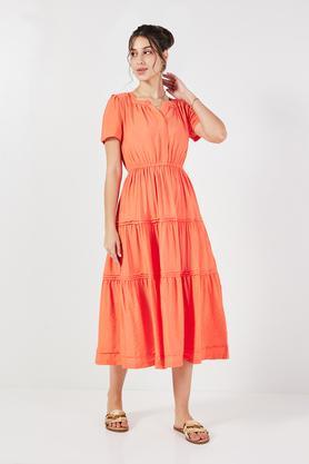 solid v-neck viscose women's calf length dress - coral