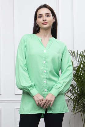 solid v neck viscose women's casual wear shirt - green