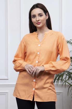 solid v neck viscose women's casual wear shirt - orange
