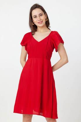 solid v-neck viscose women's dress - red