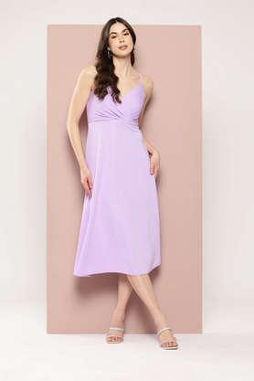 solid v-neck viscose women's knee length dress - lavender