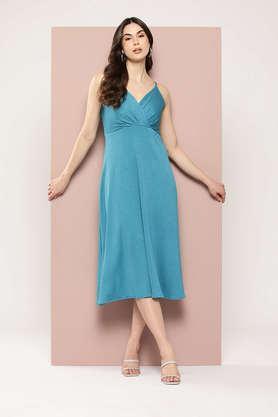 solid v-neck viscose women's knee length dress - sky blue