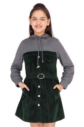 solid velvet and knit hood girls casual wear dress - green