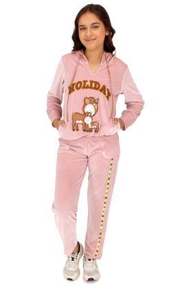solid velvet regular fit girls track suit set - dusty pink