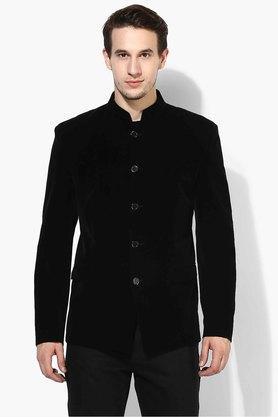 solid velvet regular fit men's jacket - black