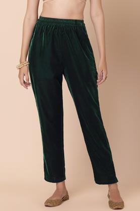 solid velvet regular fit women's casual pants - green