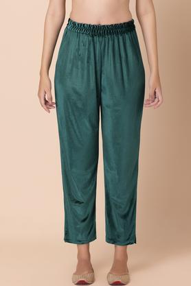 solid velvet regular fit women's casual trousers - green