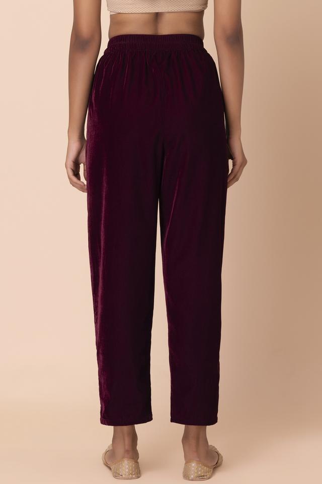 solid velvet regular fit women's casual trousers - maroon