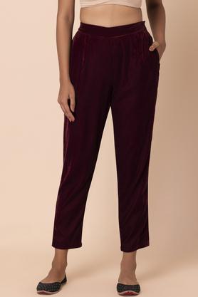 solid velvet regular fit women's casual trousers - maroon