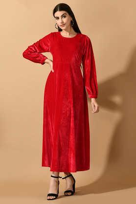 solid velvet regular fit women's ethnic dress - pink
