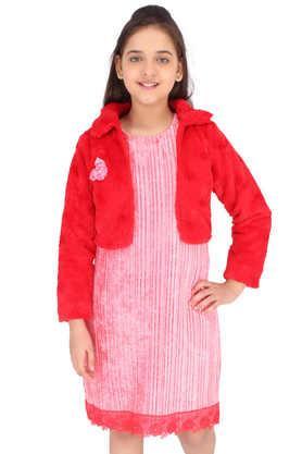 solid velvet round neck girls casual wear dress - pink