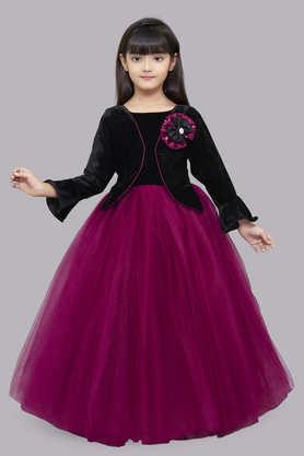 solid velvet round neck girls party wear gown - black