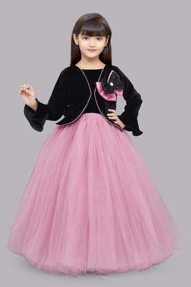 solid velvet round neck girls party wear gown - black