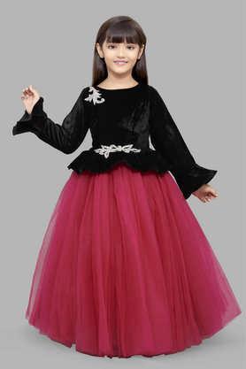 solid velvet round neck girls party wear gown - burgundy