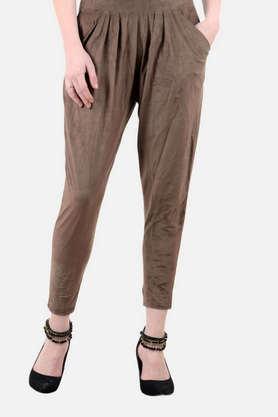 solid velvet stretchable women's casual trousers - brown