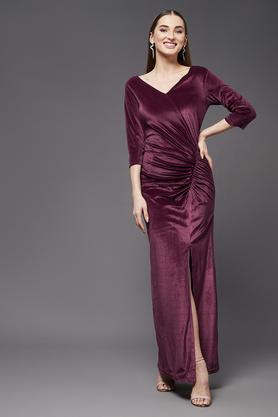 solid velvet v neck women's knee length dress - mauve