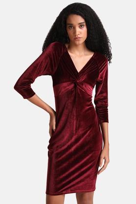 solid velvet v neck women's midi dress - maroon
