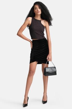 solid velvet wrap fit women's casual skirt - black