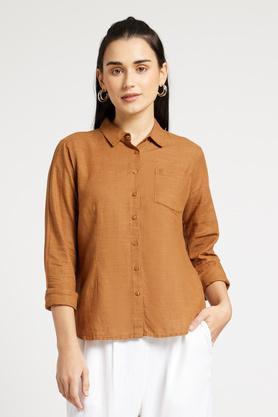 solid viscose blend collar neck women's casual shirt - brown