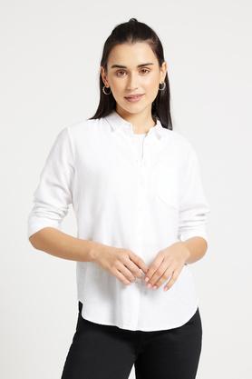 solid viscose blend collar neck women's casual shirt - off white