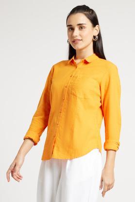 solid viscose blend collar neck women's casual shirt - orange