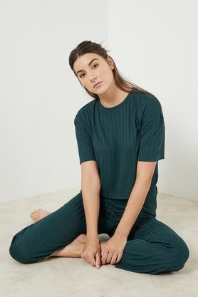 solid viscose blend knit women's top & pyjama set - green