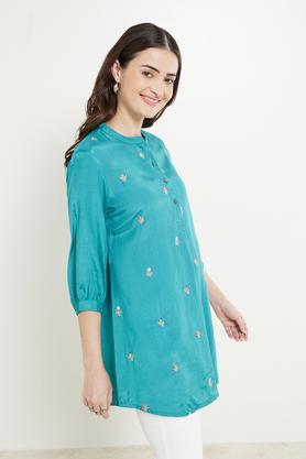 solid viscose blend mandarin women's tunic - blue