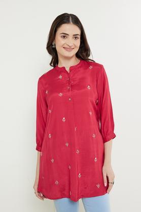 solid viscose blend mandarin women's tunic - red