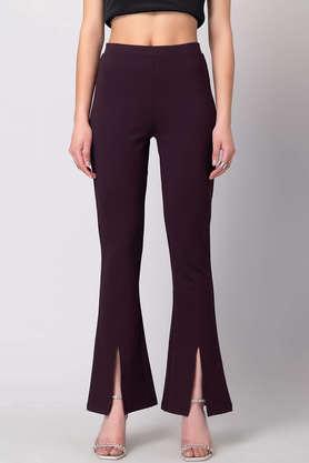 solid viscose blend regular fit women's leggings - purple