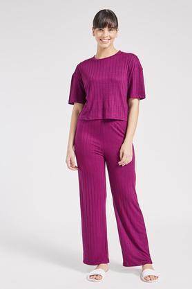 solid viscose blend regular fit women's top & pyjama set - aubergine