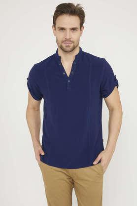 solid viscose blend slim fit men's casual shirt - navy