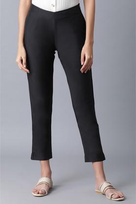 solid viscose blend slim fit women's casual pants - black