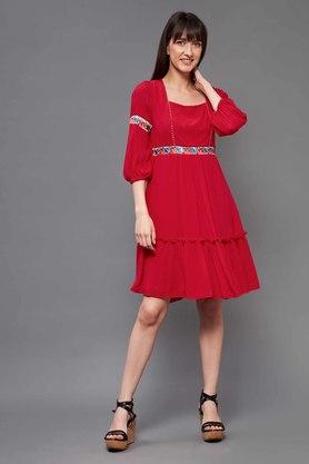 solid viscose blend square neck womens midi dress - red