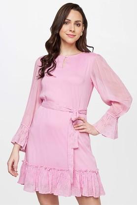 solid viscose boat neck women's knee length dress - pink