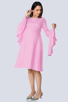 solid viscose boat neck women's knee length dress - purely pink