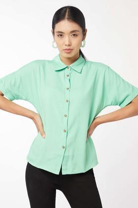 solid viscose collar neck women's casual shirt - green
