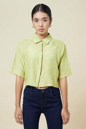 solid viscose collar neck womens casual shirt - green