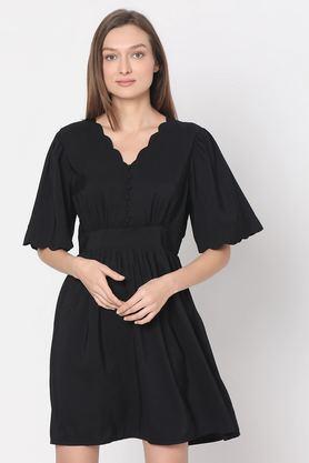 solid viscose flared fit women's mini dress - black