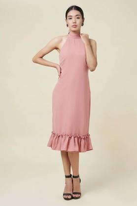 solid viscose high neck women's midi dress - pink