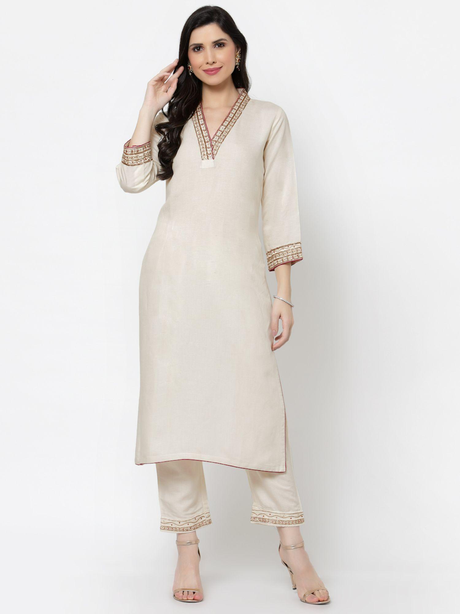 solid viscose linen kurta beige