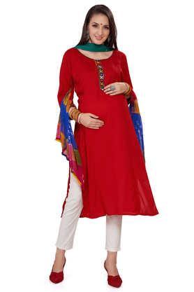 solid viscose regular fit maternity cum nursing women's kurta - red