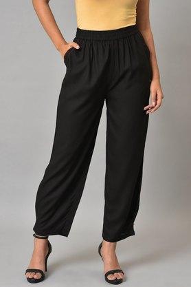 solid viscose regular fit women's casual pants - black