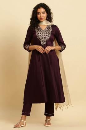 solid viscose regular fit women's kurta, slim pants and dupatta set - purple