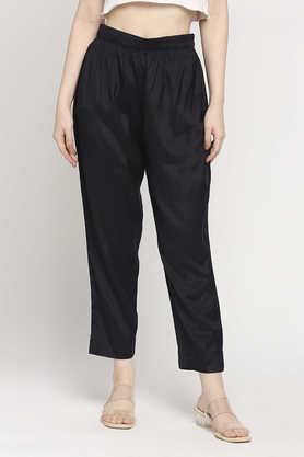 solid viscose relaxed fit women's pants - navy