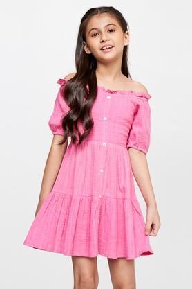 solid viscose round neck girls casual wear dress - pink
